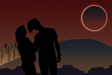 silhouette of a couple kissing, love in the mountains