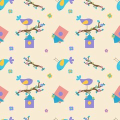 Seamless spring illustration with bird, flowers and birdhouse. For textiles or wrapping paper. Flat illustration.
