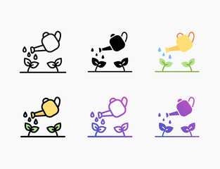 Watering can icon set with different styles. Style line, outline, flat, glyph, color, gradient. Editable stroke and pixel perfect. Can be used for digital product, presentation, print design and more.