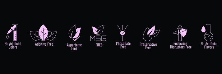 no artificial colors, additive-free, aspartame free, msg, phosphate-free, preservative-free, endocrine disruptors free, no artificial flavors icon set