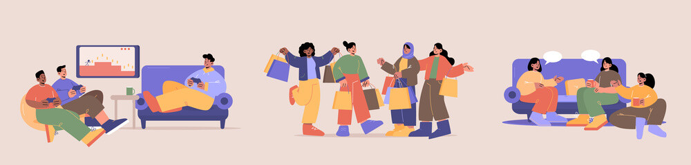 Friends meeting for hobby, play computer game, drink tea or coffee, shopping together. Vector flat illustrations of group of multiracial people talking, sitting on sofa with cups, shop with bags