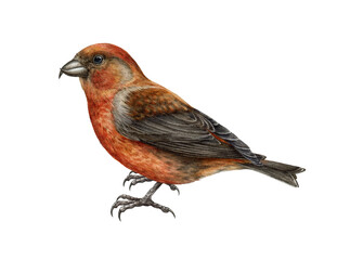 Crossbill bird. Realistic watercolor illustration. Red crossbill image on white background. Loxia curvirostra avian. Realistic forest bird. Woodland wildlife animal. Bright songbird element
