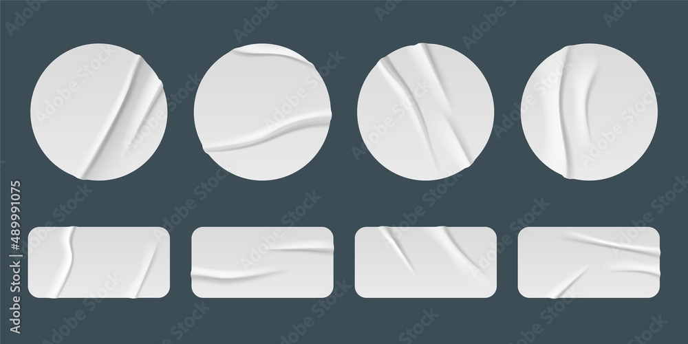 Poster white stickers, glued paper patches and adhesive tapes with wrinkles. vector realistic set of blank 