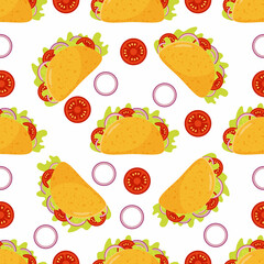Taco seamless pattern. Traditional Mexican food background. Corn tortilla and bow ornament. Tomato and fresh meat.