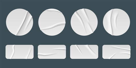 White stickers, glued paper patches and adhesive tapes with wrinkles. Vector realistic set of blank circle and rectangular sticky tags and labels with folds isolated on gray background