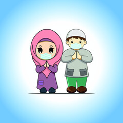 Pair of islamic woman and man character wearing mask in cartoon style illustration