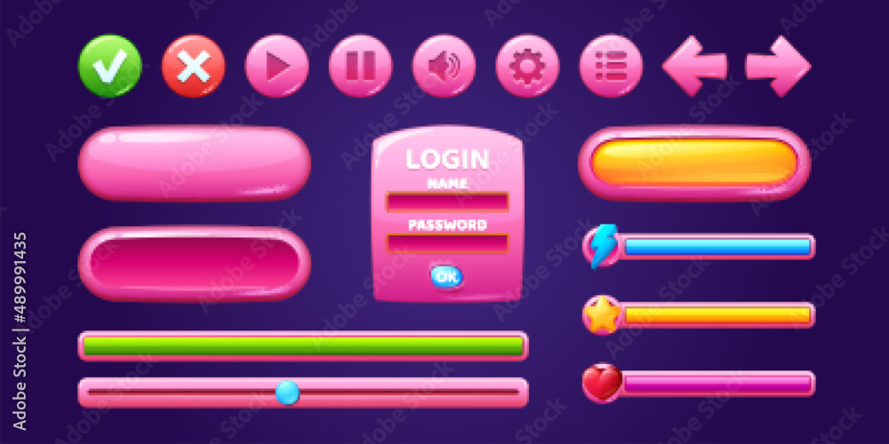 Wall mural glossy pink buttons and frames for user interface design in game. vector cartoon set of ui elements,