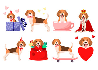 A set of funny beagle dogs on a white background. Cartoon design. Vector illustration.
