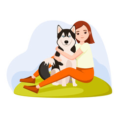 A girl hugs a husky dog. Love for animals. Cartoon design. Vector illustration.
