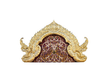 Vintage gold archway with engraving serpent patterns in  Thailand  temple isolated on white...