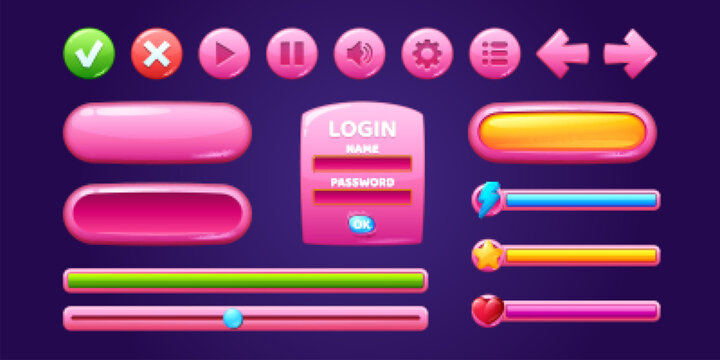 Glossy pink buttons and frames for user interface design in game. Vector cartoon set of ui elements, circle plastic buttons, icons, arrows, bar, slider and login frame