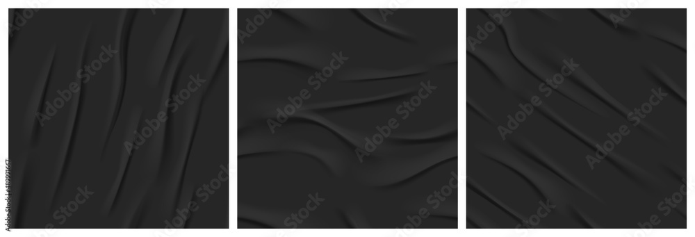 Poster black glued paper texture. realistic background of wet pages or crumpled fabric. vector seamless pat