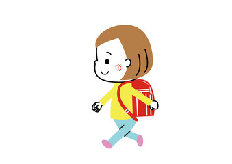 ランドセルを背負ってひとりで歩く小学生の女の子　赤いランドセル