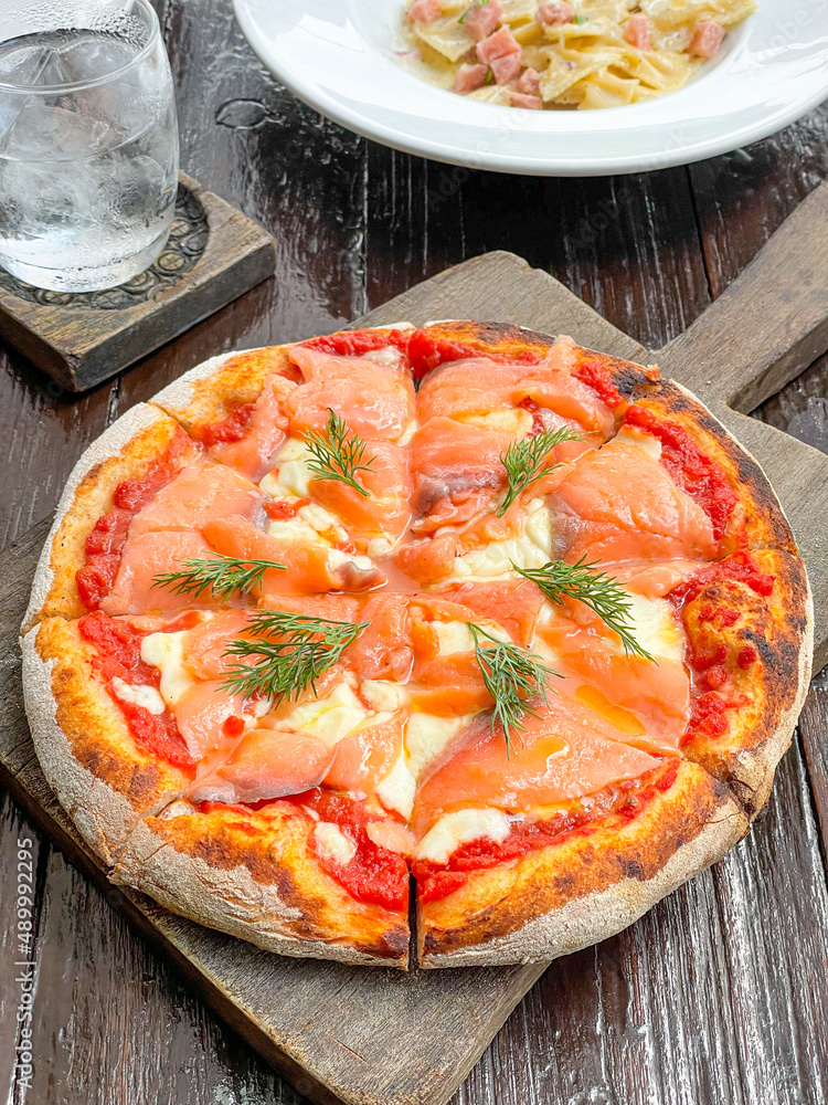 Canvas Prints smoked salmon pizza on tray