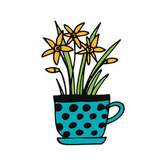 daffodil in a pot icon hand drawn. vector, minimalism, scandinavian, doodle, cartoon. sticker, plant, flower.