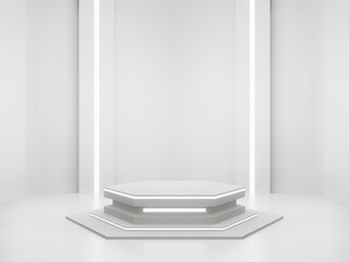 3D  White Sci-Fi product stand mockup. Scientific podium with white neon lights.