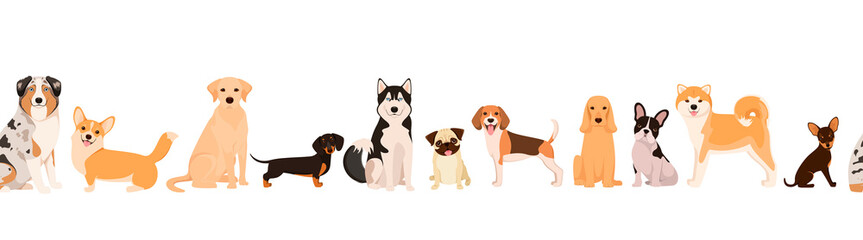 Seamless border with dogs on a white background. Cartoon design. Vector illustration. © Юлия Викленко