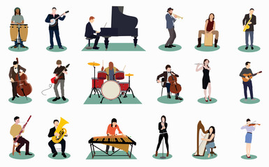 illustration set of musician playing different instruments	 - obrazy, fototapety, plakaty