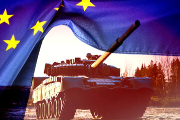 Ein Panzer und Flagge der Europäischen Union EU