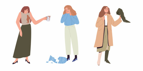 Various young people in unpleasant situations. Failures in life. A startled reaction. The girl doused herself with a drink, broke a vase, tore a boot. Cartoon vector flat illustration.