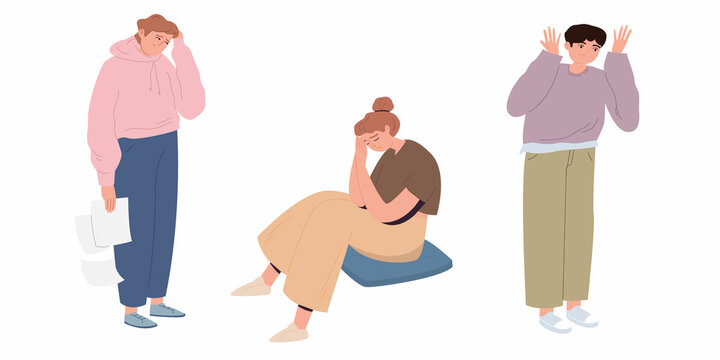 Sad emotions. Upset people. A discontentedly gesticulating young man looks surprised, a sad guy, an unhappy woman. Cartoon vector flat illustration on an isolated white background.