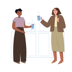 Two young women are chatting in the kitchen. Colleagues drink coffee at work. Lunch break. Break for a cup of tea. Cartoon vector illustration on an isolated white background.