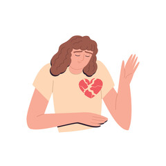 An unhappy woman with a broken heart. Codependency. Unrequited, rejected love. A sad parting. A painful condition. Cartoon vector illustration on a white isolated background.