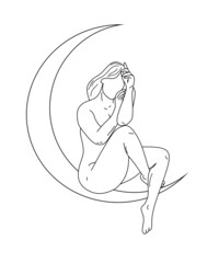 art of woman posing on crescent moon on black and white on white background great for posters and decorations