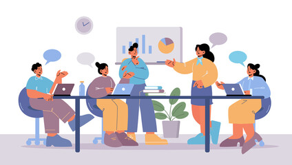 Business people meeting, disputing, discussion in office. Colleagues team with speech bubbles sitting at desk discussing project development plan. Employees communicate, Line art vector illustration