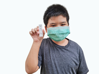 Boy shows off his COVID-19 test machine and tests negative on a isolated white background