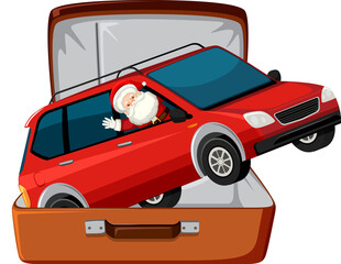 Christmas theme with Santa in a car in a luggage on white background
