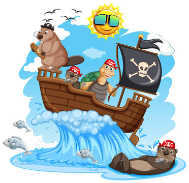 Beavers and turtle on pirate ship with ocean wave