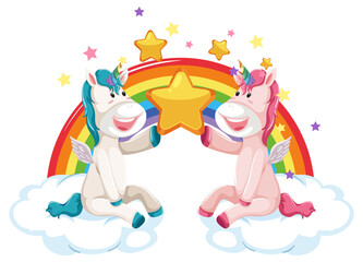 Two unicorns sitting on clouds with rainbow