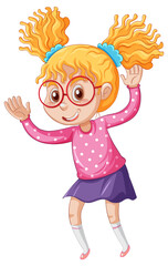 Little girl in pink shirt dancing cartoon character on white background
