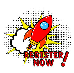 explosion with text Register now vector banner. Free registration. Register now in comic pop art style. Comic advertising concept with Register now wording. Modern Web Banner Element