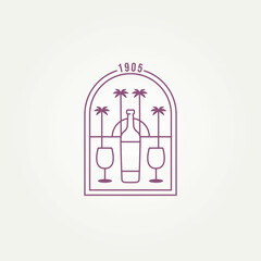 wine glass and bottle with beach view badge logo template vector illustration design. minimalist wine list, restaurant, winery emblem logo concept