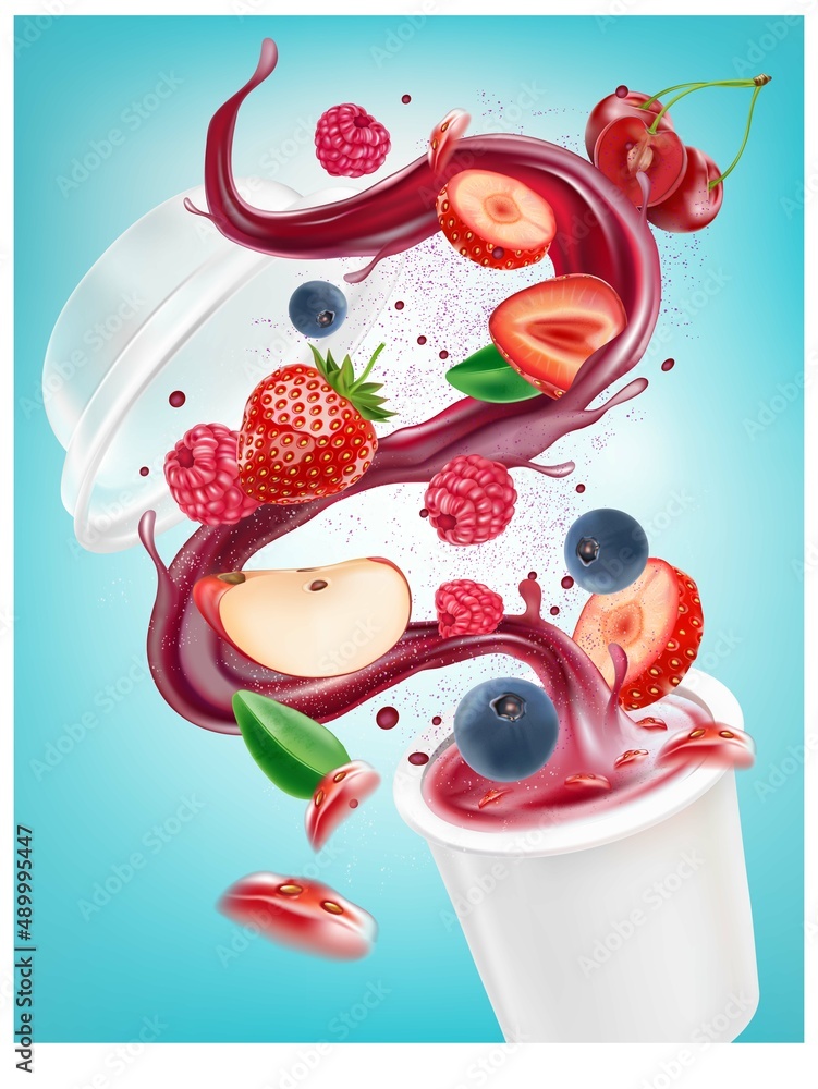 Poster Mix berries smooth fruit Splashing of Tropical fruits with packaging mock up on solid color background. Vector in 3D illustrations.