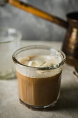 Delicious iced coffee with ice cream. Selective focus. Shallow depth of field.