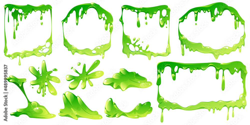 Aufkleber green slime frames and elements isolated vector set. liquid toxic ooze borders square, rectangle and