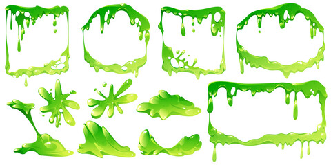 Green slime frames and elements isolated vector set. Liquid toxic ooze borders square, rectangle and round shapes with blobs and dripping. Sticky goo, jelly or syrup fluid splats, Cartoon illustration - obrazy, fototapety, plakaty
