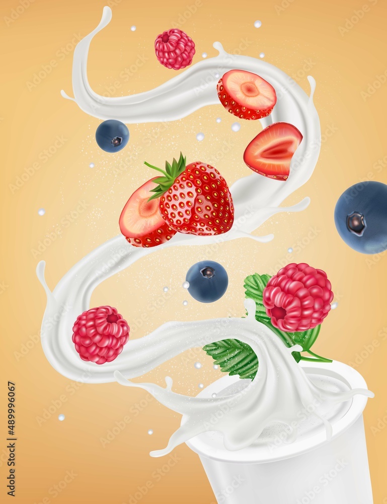 Aufkleber milk liquid splashing with mix berries smooth fruit of tropical fruits on solid color background. ve