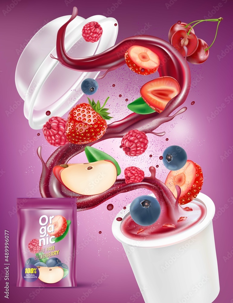 Poster Mix berries smooth fruit Splashing of Tropical fruits with packaging mock up on solid color background. Vector in 3D illustrations.