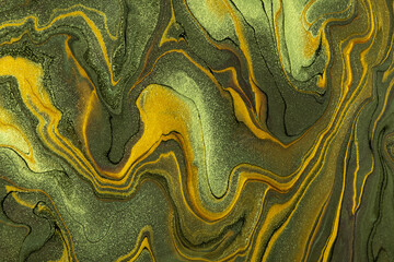 Abstract fluid art background dark green and golden colors. Liquid marble. Acrylic painting with...