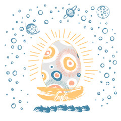 Easter card. A shining golden egg in a nest in space. Vector