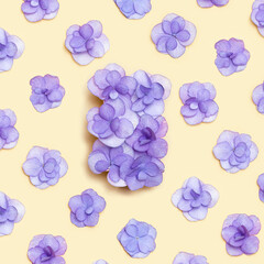 Minimal floral pattern with fresh Hydrangea violet flower, Very Peri color of year. Holiday layout with plain flowers for Mothers day, 8 March, Womens day. Flat lay flowery composition