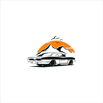 classic car movie illustration, black car and mountain silhouette  logo design