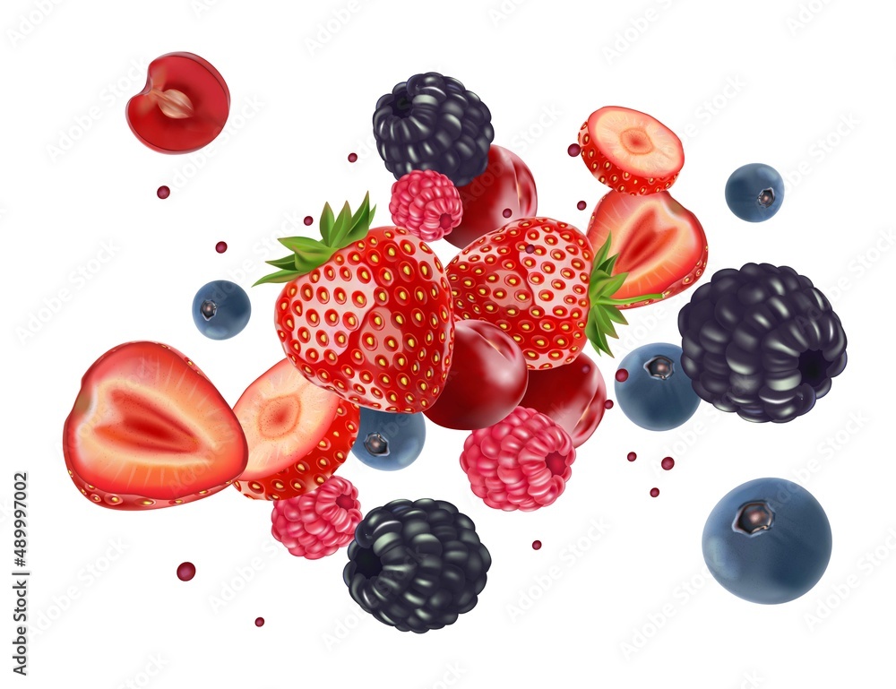 Aufkleber mix berries smooth fruit splashing of tropical fruits isolated on white background. vector in 3d ill
