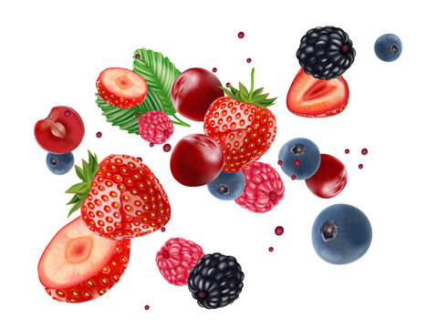 Mix berries smooth fruit Splashing of Tropical fruits isolated on white background. Vector in 3D illustrations.
