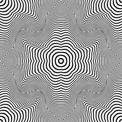 Vector seamless pattern. Abstract op art texture with bold monochrome wavy stripes. Creative background with distorted lines. Decorative black and white striped design with distortion effect.