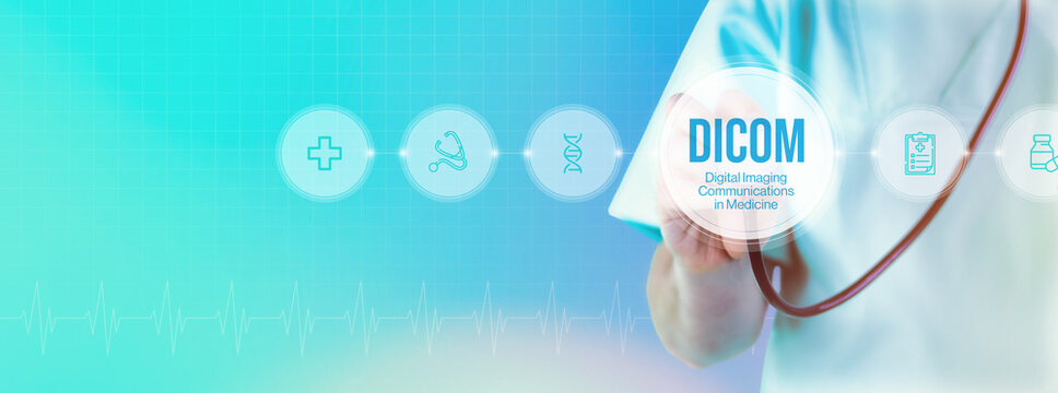 DICOM (Digital Imaging Communications in Medicine). Doctor with stethoscope in focus. Icons and text on a digital interface. Medical technology